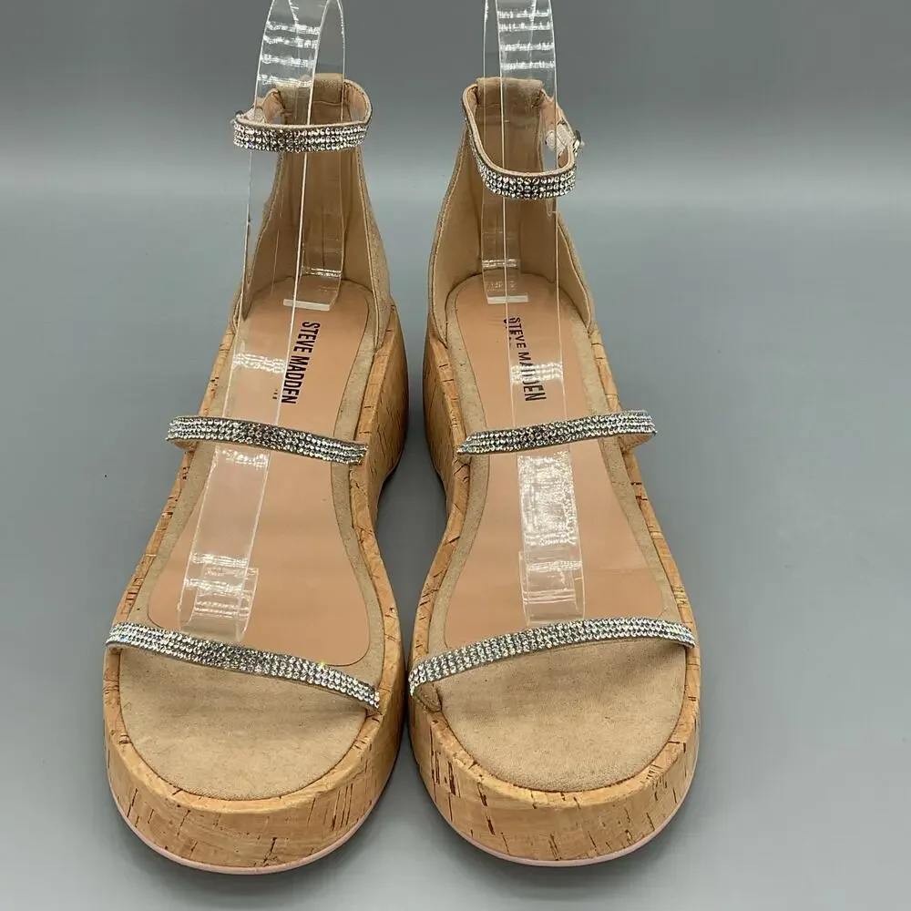 NEW Steve Madden Girls Varia Rhinestone Wedge Sandals Beige Size 4